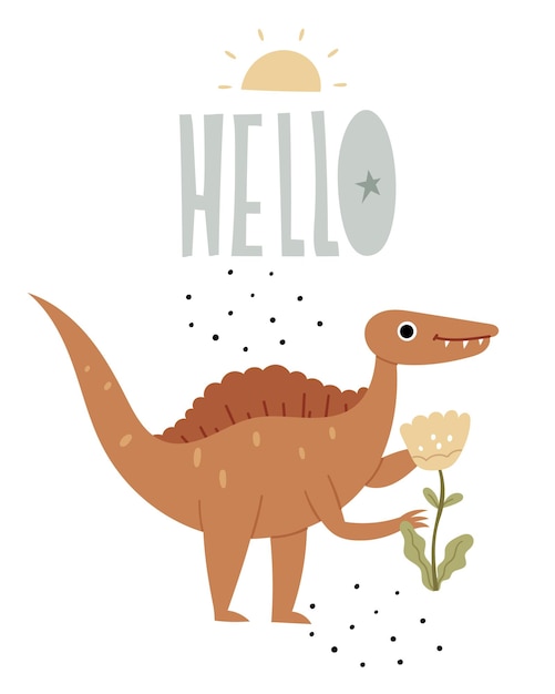 Cartel para niños con un spinosaurus ilustración de libro lindo de un dinosaurio reptiles jurásicos hola l