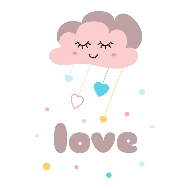 Cartel para niños Texto Amor Linda nube rosa con ojos Tarjeta de llegada de bebé feliz Elemento lindo para el diseño de fiesta de bebé Impresión de estilo de dibujos animados infantiles Plantilla con letras en colores brillantes Ilustración vectorial