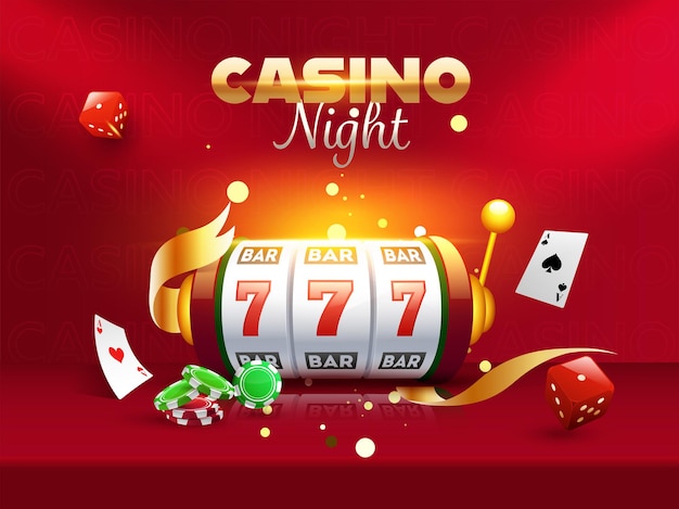 Cartel de noche de casino o diseño de volante con máquina tragamonedas 3D, dados, fichas de póquer y cartas Ace sobre fondo rojo.