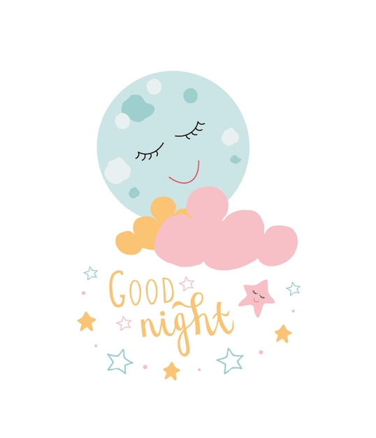 Cartel con nubes de luna para dormir dibujadas a mano y texto buenas noches Ilustración para niños en estilo de dibujos animados