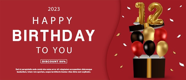 Cartel o pancarta de feliz cumpleaños Ilustración festiva con caja de regalo confeti de globos de oro negro y rojo