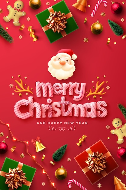 Cartel o pancarta de feliz Navidad y próspero año nuevo con elemento y caja de regalo de Papá Noel lindo
