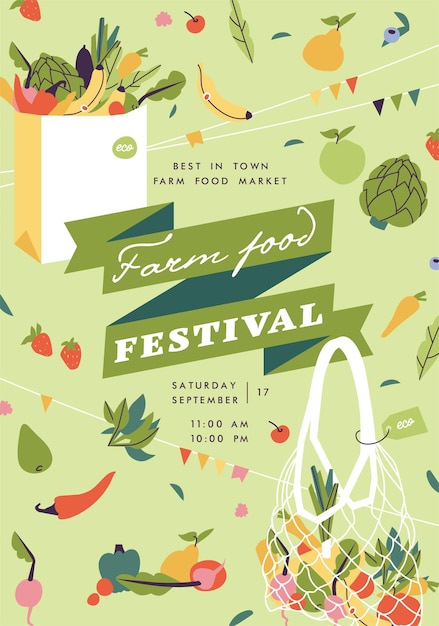 Cartel o pancarta horizontal del festival de comida de granja de ilustración vectorial Composición con vegetales naturales y frutas orgánicas
