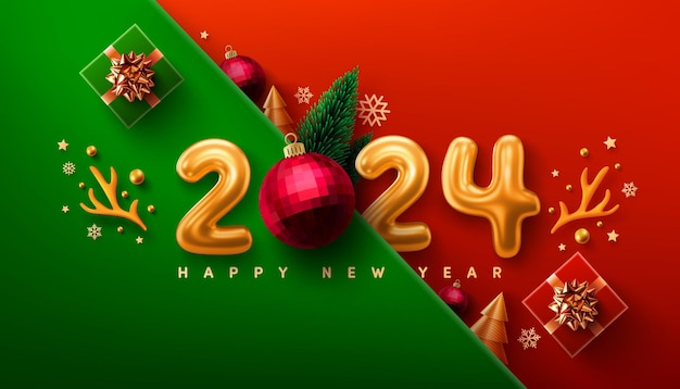 Cartel o pancarta de promoción de año nuevo 2024 con caja de regalo y elemento navideño para la promoción navideña