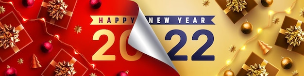 Cartel o pancarta de promoción de feliz año nuevo 2022 con papel de regalo abierto y caja de regalo
