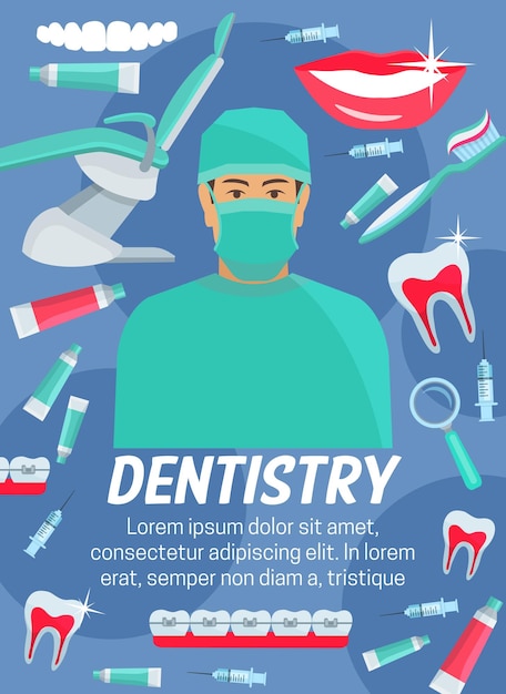 Cartel de odontología de diente de dentista y herramienta dental.