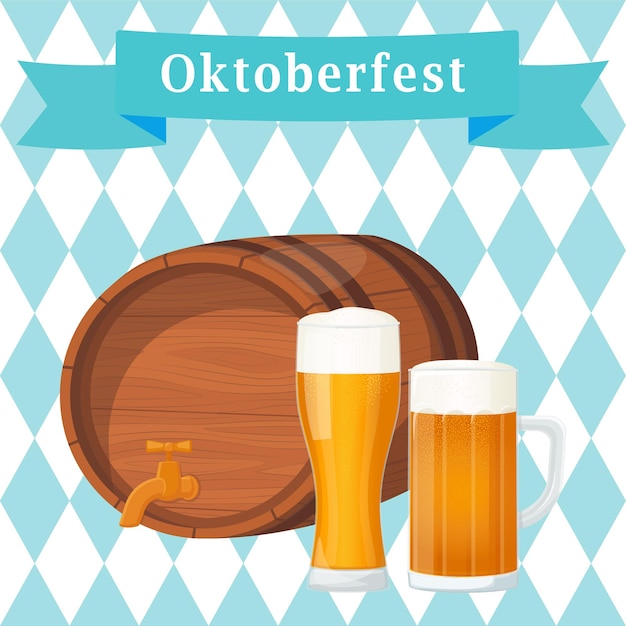 Cartel de Oktoberfest con pinta de cerveza y barril de madera ilustración sobre fondo de diamante