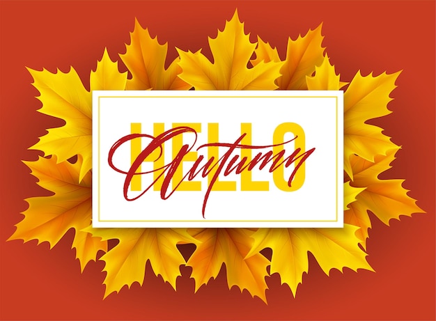 Cartel de otoño con letras y hojas de arce otoñales amarillas. Ilustración de vector EPS10