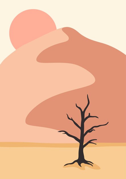 Vector cartel de paisaje con árbol viejo en el desierto. colinas de montaña abstractas. concepto de telón de fondo del atardecer. ilustración vectorial.