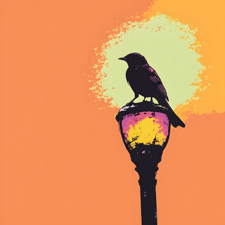 un cartel de un pájaro en un poste de lámpara con un fondo amarillo con un fondo Amarillo y Verde