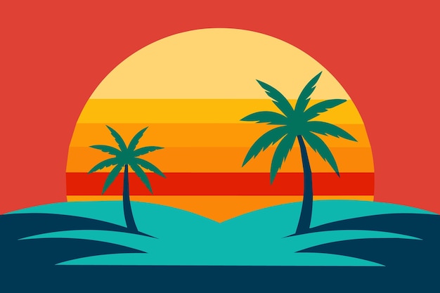 un cartel para palmeras y una puesta de sol con palmeras