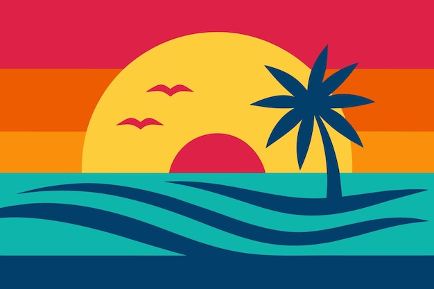 Vector un cartel con palmeras y sol y una escena en la playa