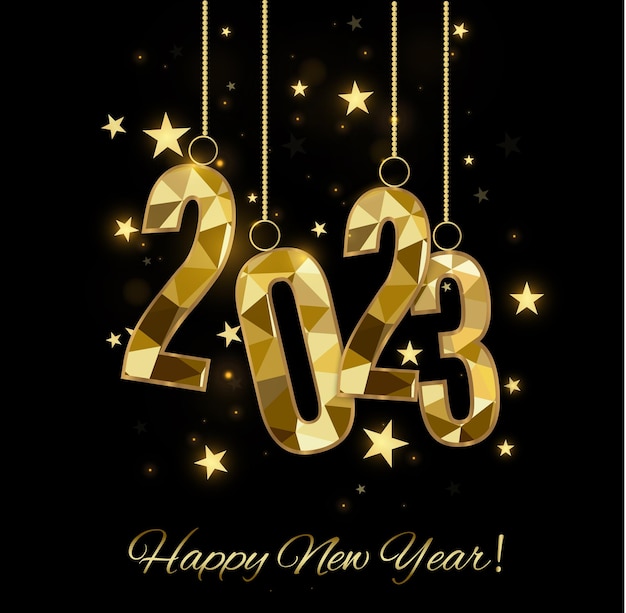 Cartel de pancarta deseándole feliz año nuevo 2023 diseño de tipografía de letras manuscritas estrella de oro