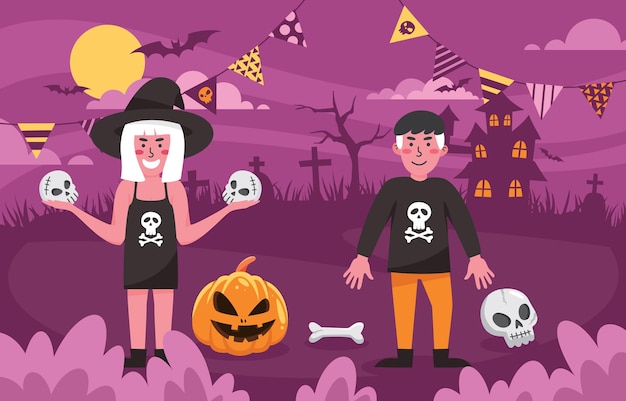 un cartel con una pareja y una bruja y una calabaza