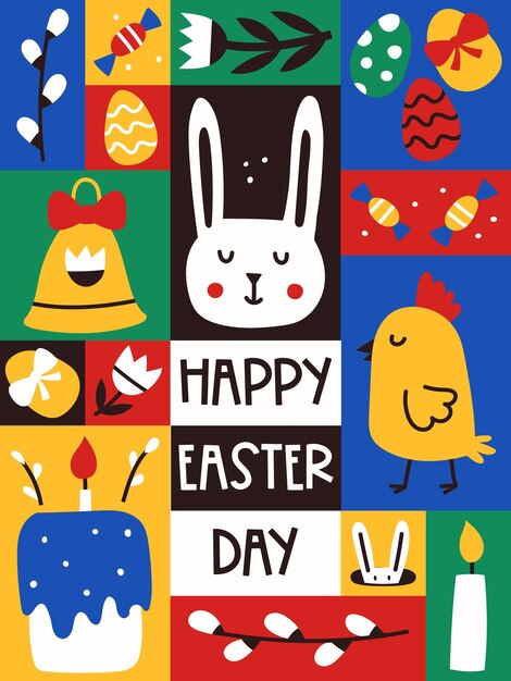 Cartel de Pascua Cartel gráfico vertical con simpáticos símbolos minimalistas de Pascua de mano libre Tarjeta de felicitación para el diseño de pared web Colores de contraste brillante Ilustración vectorial plana en fondo de color