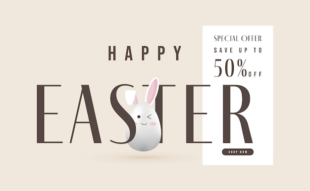 Cartel de Pascua feliz de banner de venta con ilustración de vector 3d de diseño de conejito de huevo lindo