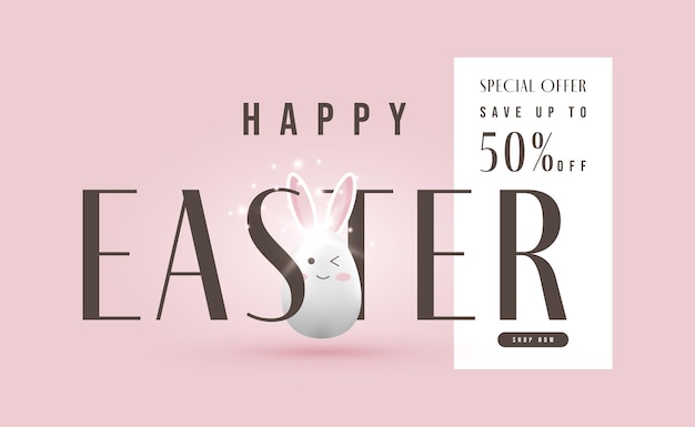 Cartel de Pascua feliz de banner de venta con ilustración de vector 3d de diseño de conejito de huevo lindo