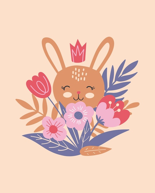 Cartel de pascua feliz, impresión, tarjeta de felicitación o pancarta con lindos conejitos o conejos, flores de primavera y plantas. vector ilustración dibujada a mano.