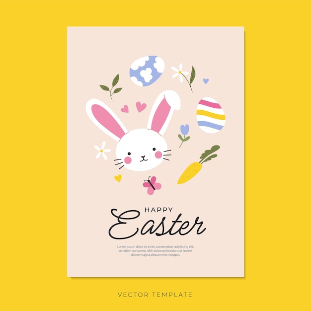 Vector cartel de pascua con zanahoria y huevos de conejo