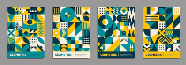 Cartel de patrón geométrico amarillo y turquesa