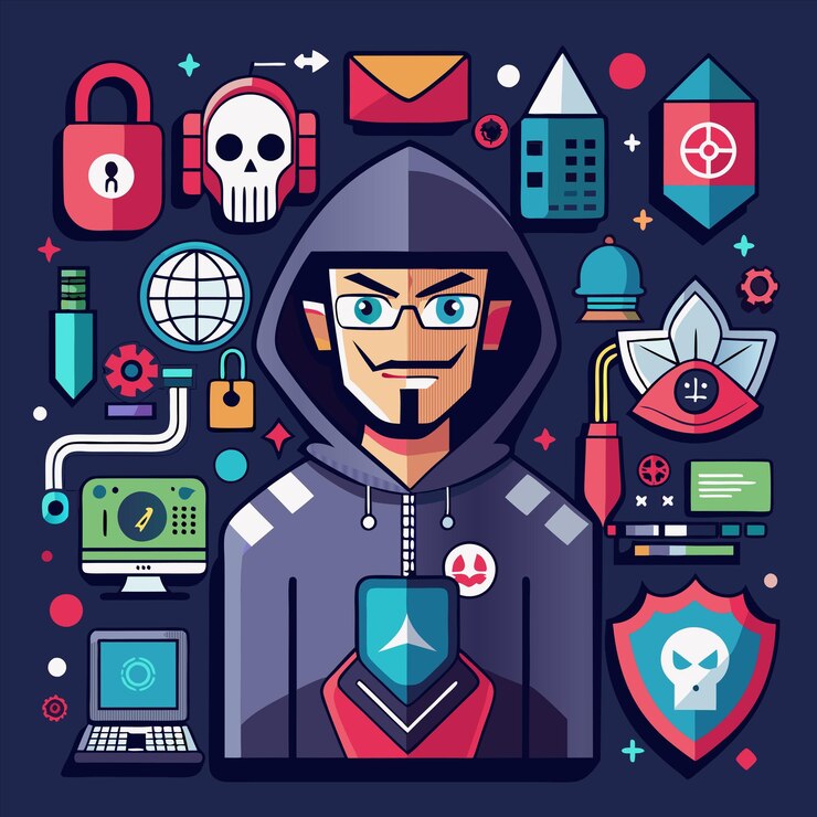 Vector un cartel de un personaje de cómics con muchos símbolos y un hombre con una sudadera