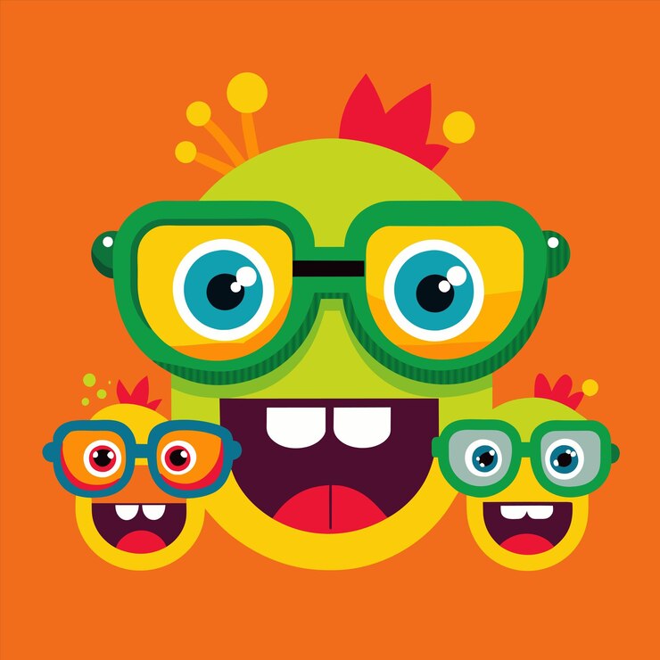 Vector un cartel para un personaje de dibujos animados con gafas y un monstruo verde con ojos grandes