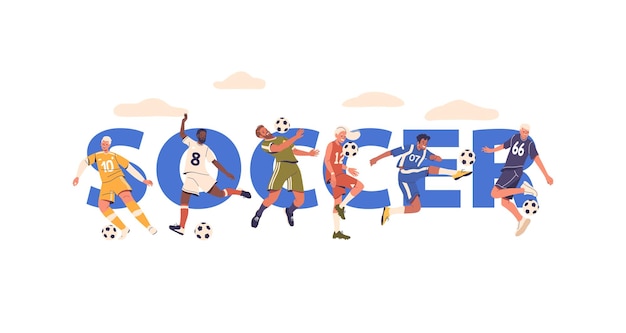 El cartel de los personajes de los jugadores de fútbol en acción captura la energía y el entusiasmo destacando el espíritu de equipo