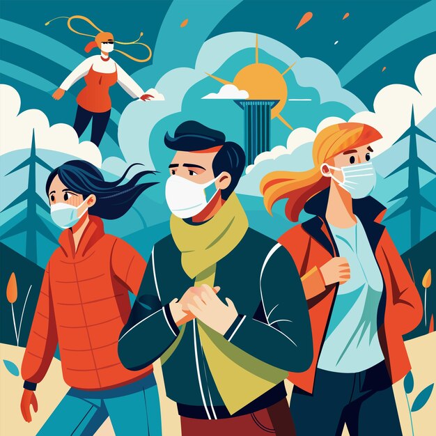 Vector un cartel con personas caminando en la nieve y un hombre con una máscara y una máscara