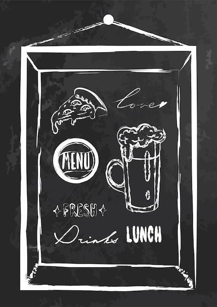Cartel de pizarra vectorial con bebidas de comida rápida y decoración palabras y elementos escritos a mano
