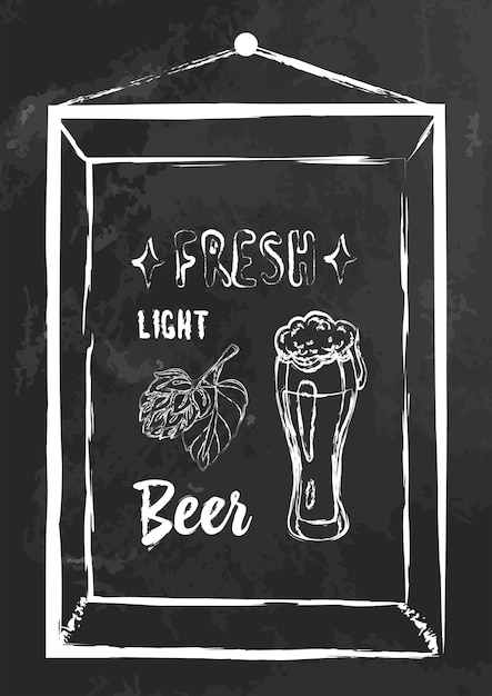 Cartel de pizarra vectorial con cerveza y decoración palabras y elementos escritos a mano