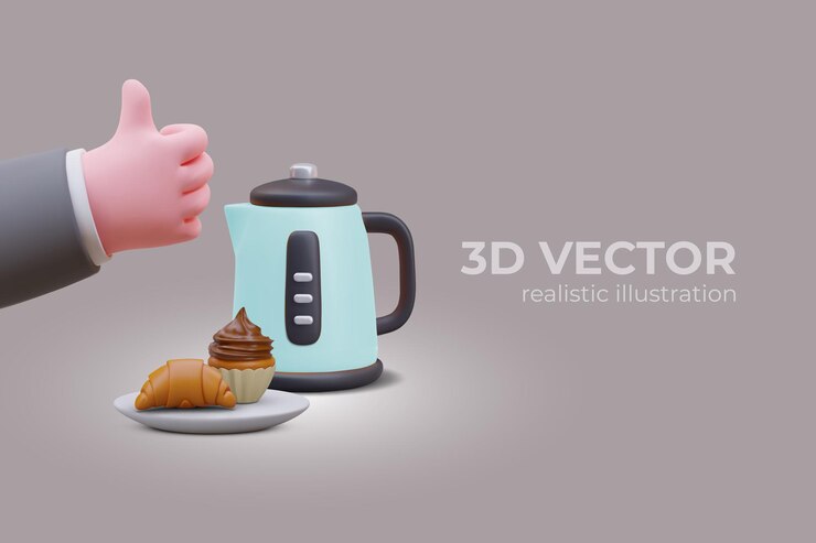 Vector cartel con una placa de hervidor eléctrica moderna con croissant y muffin con crema de chocolate