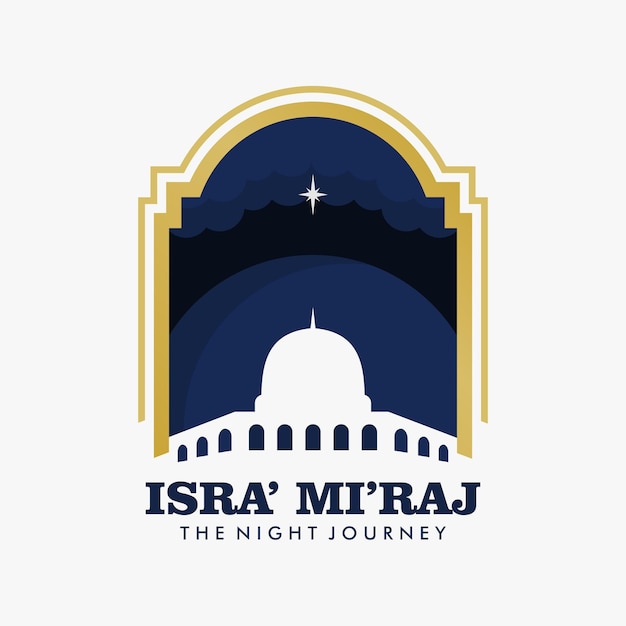 Cartel plano de isra miraj con luna de mezquita y fondo de cielo nocturno