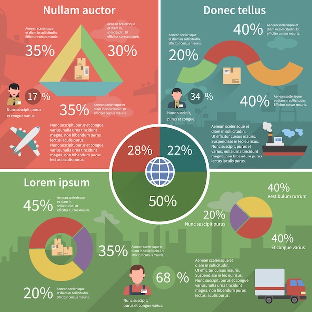 Cartel plano mundial de infografía logística.