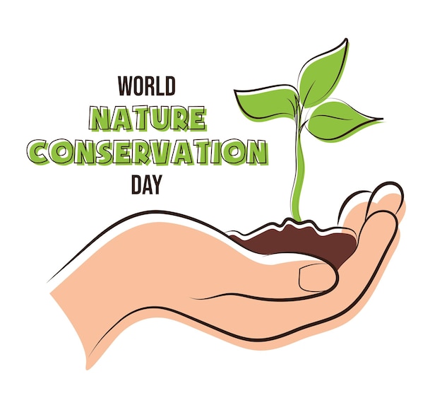 Vector cartel de la planta en la mano del día mundial de la conservación de la naturaleza para el vector de ilustración web