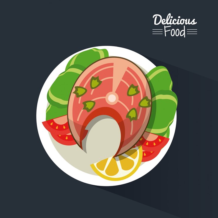 Vector cartel con plato de pescado y verduras