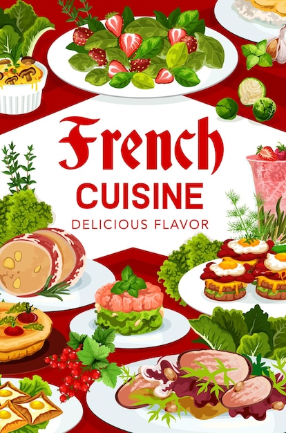 Cartel de platos de comida francesa de vector de cocina de Francia