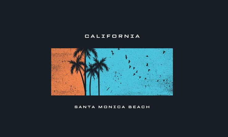 un cartel para la playa de California con palmeras y una playa en el fondo