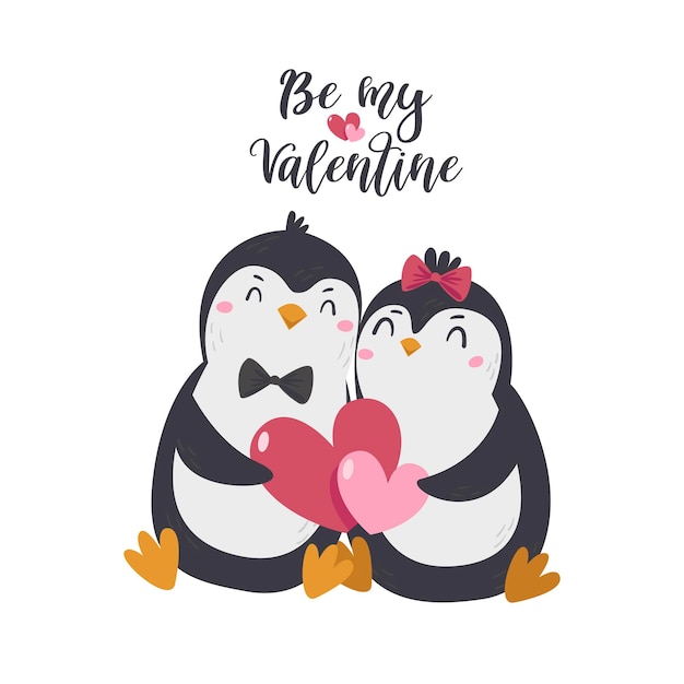 Vector cartel postal para el día de san valentín con lindos pingüinos sosteniendo corazones