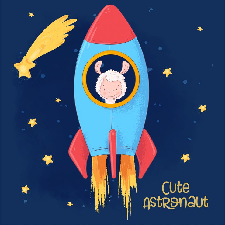 Vector cartel de la postal de una llama linda en un cohete. estilo de dibujos animados