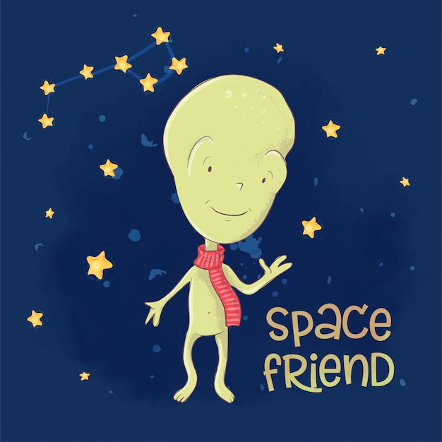 Cartel postal postal linda amiga extraterrestre. dibujo a mano. estilo de dibujos animados vector
