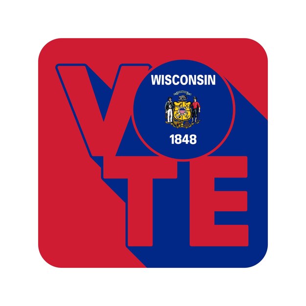 Cartel postal de señal de votación Bandera con bandera de Wisconsin con larga sombra Ilustración vectorial