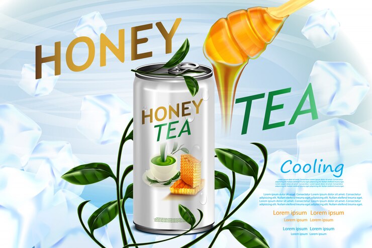 Vector cartel de producto de miel y té en lata sobre hojas de té en cubitos de hielo