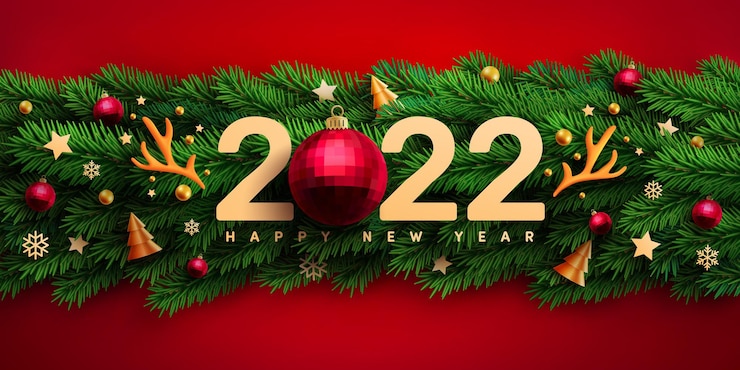 Vector cartel de promoción de año nuevo 2022 o pancarta con elemento navideño y ramas de árboles de navidad