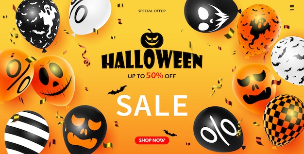 Cartel de promoción de venta de halloween con globos de halloween. bate con confeti.