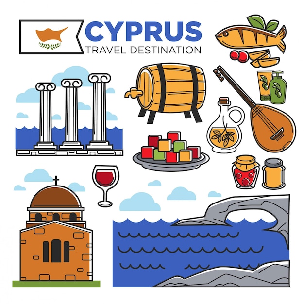 Cartel promocional de destino de viaje de chipre con símbolos nacionales