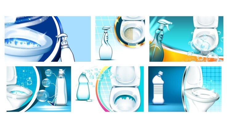 Vector cartel de publicidad de promoción de limpiador de inodoro set vector. spray en blanco y botellas con líquido antibacteriano para lavar el inodoro. plantilla de concepto de higiene de baño ilustraciones 3d realistas