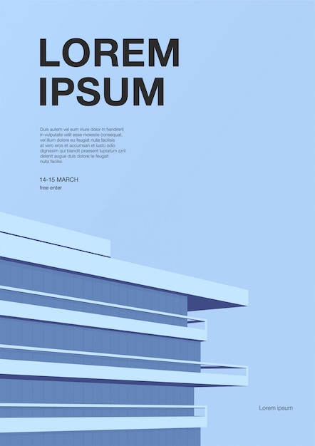 Cartel publicitario con arquitectura abstracta. Fondo azul con techo de rascacielos. Cartel vertical con lugar para el texto. Ilustración colorida