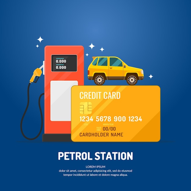 Cartel publicitario brillante sobre el tema de la gasolinera. compra combustible con tarjeta de crédito. ilustración.