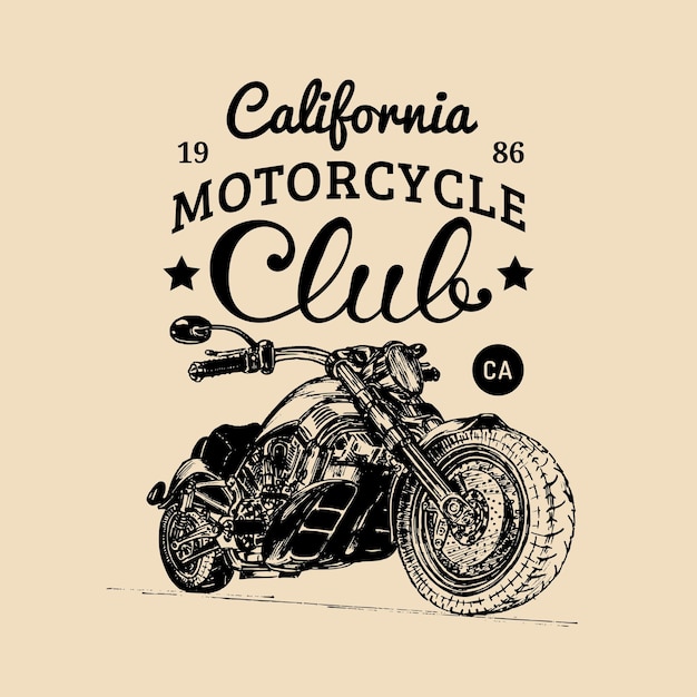 Cartel publicitario de motocicleta vectorial ilustración esbozada a mano para la insignia mc logotipo detallado de la bicicleta para la empresa personalizada chopper tienda garaje etiqueta camiseta impresión