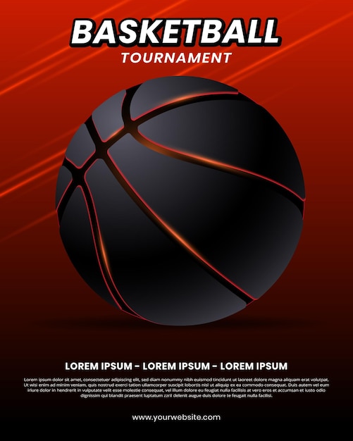 Cartel publicitario del torneo con baloncesto negro y fondo rojo.